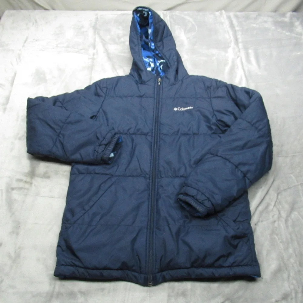 Columbia Jacket Kids XL Blue Camo Reversible Puffer Hooded Insulated Rain Winter